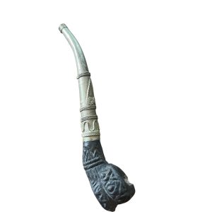 Pipa in ottone e terracotta scolpita-Pipe en laiton et terre cuite sculptée travail de Birmanie