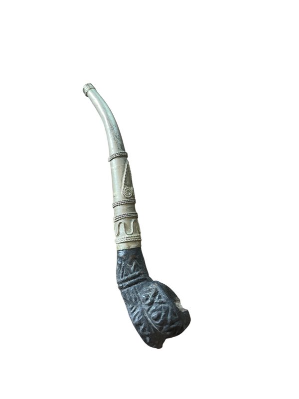 Pipa in ottone e terracotta scolpita-Pipe en laiton et terre cuite sculptée travail de Birmanie