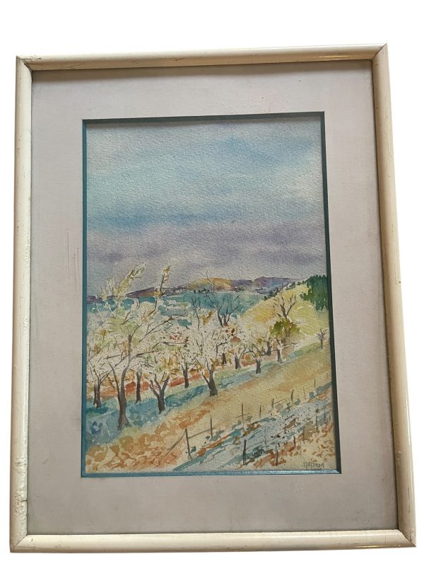 Acquerello incorniciato Viti e mandorli in Provenza firmato-Aquarelle encadrée Vignes et amandiers en Provence signée