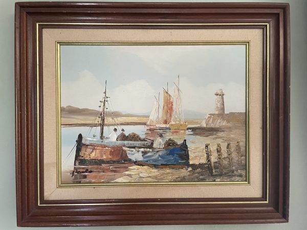 Olio su tela Barche da pesca in una baia-Huile sur toile Bâteaux de pecheurs dans une baie – Image 2
