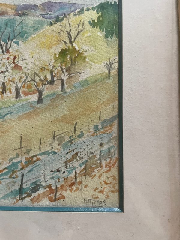 Acquerello incorniciato Viti e mandorli in Provenza firmato-Aquarelle encadrée Vignes et amandiers en Provence signée – Image 3