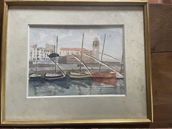 Acquerello incorniciato firmato Collioure-aquarelle encadrée vue de Collioure signée – Image 2