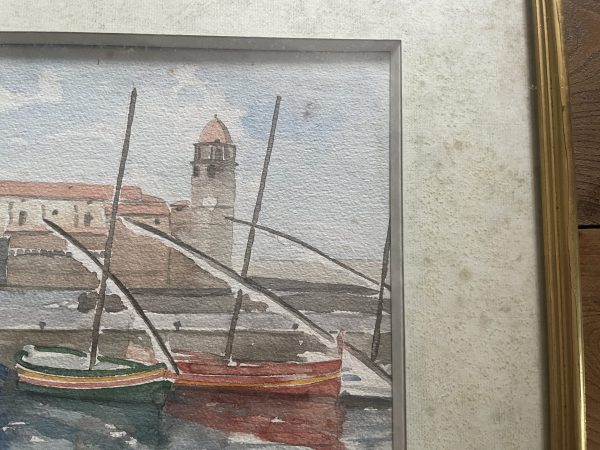 Acquerello incorniciato firmato Collioure-aquarelle encadrée vue de Collioure signée – Image 6