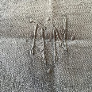 Tovaglia damascata Monogram tinta verde Francia 1900-Nappe damassée Monogramme teintée en vert France années 1900