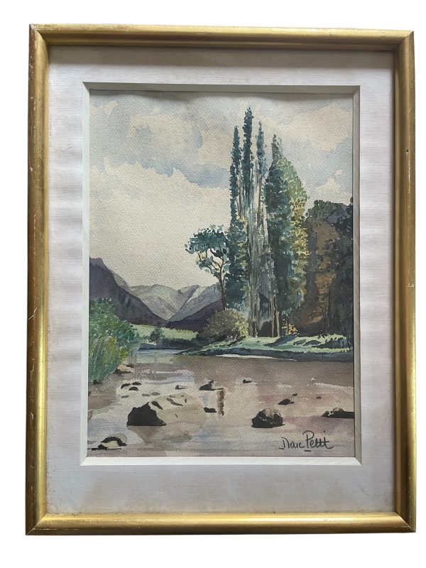 Acquerello incorniciato e firmato Paesaggio montano-Aquarelle encadrée signée Paysage de montagne