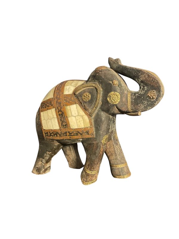 Statue d'éléphant en bois et laiton Royal Big Elephant Ambabari Inde-Statua di elefante in legno e ottone, grande elefante reale Ambabari India