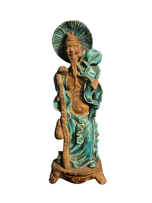 Chine Statuette homme Chine en grès émaillé bleu turquoise-Statuetta cinese di un uomo in gres smaltato blu turchese