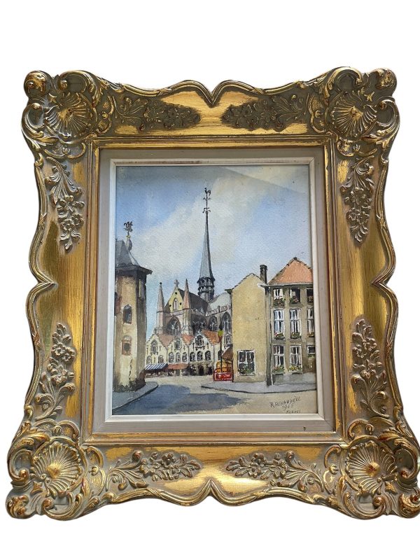 Acquerello incorniciato "Vista di Furnes" 1965-Aquarelle encadrée "Vue de Furnes" 1965