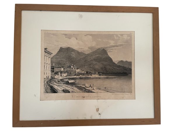 Stampa incorniciata Vista del Lago Maggiore di Lugano-Gravure encadrée Vue de Lugano Lac Majeur