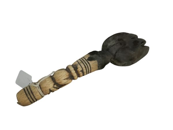 Cuillère à dents en bois sculpté avec manche en os, art tribal africain-Cucchiaio dentato in legno intagliato con manico in osso, arte tribale africana