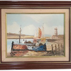 Olio su tela Barche da pesca in una baia-Huile sur toile Bâteaux de pecheurs dans une baie