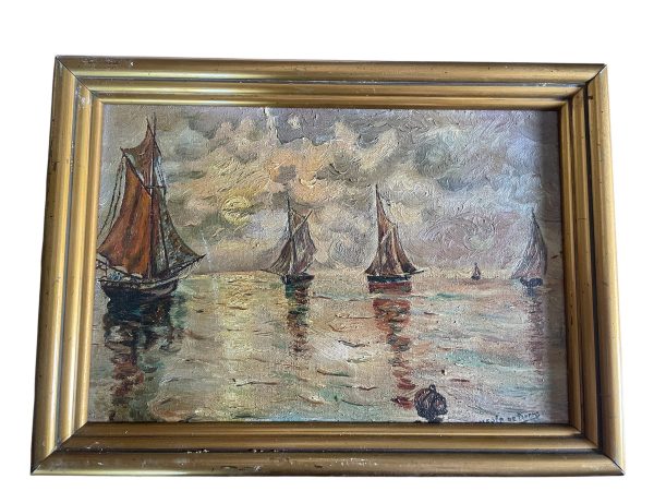 Olio su tela "Barche a vela" - Francia - Huile sur toile "Voiliers" - France