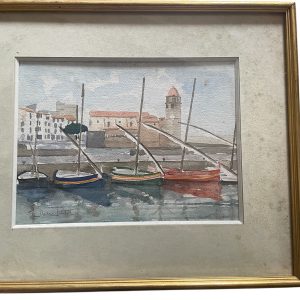 Acquerello incorniciato firmato Collioure-aquarelle encadrée vue de Collioure signée