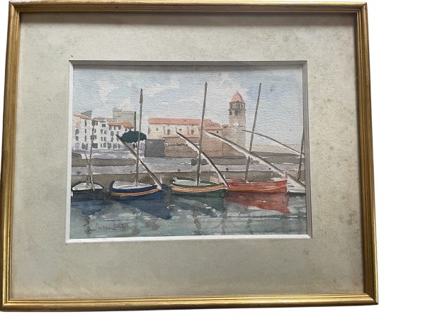 Acquerello incorniciato firmato Collioure-aquarelle encadrée vue de Collioure signée